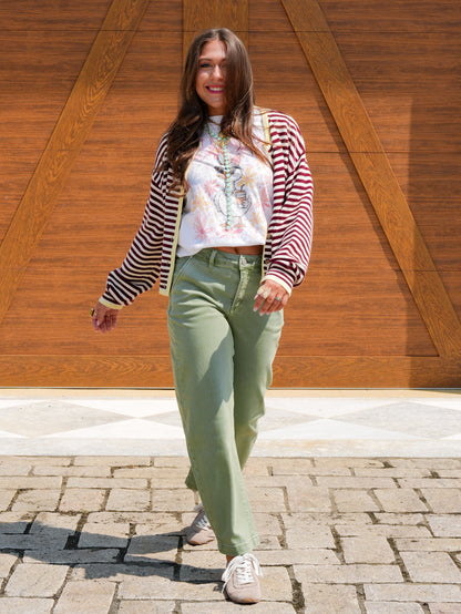 Risen Mid Rise Olive Tummy Control Barrel Jeans - Freckled Poppy