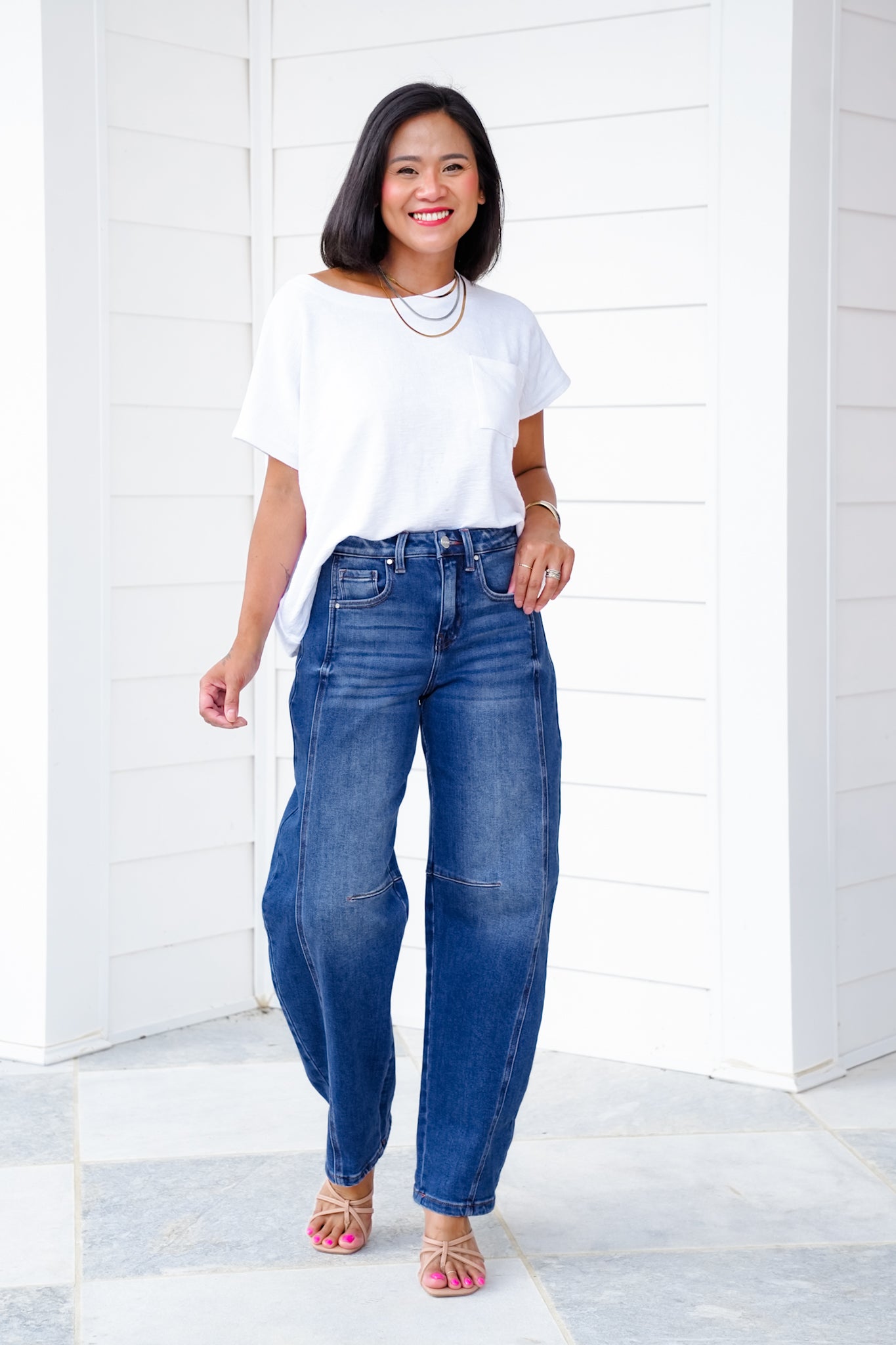 Risen High Rise Dark Wash Boyfriend Cuffed Barrel Jeans
