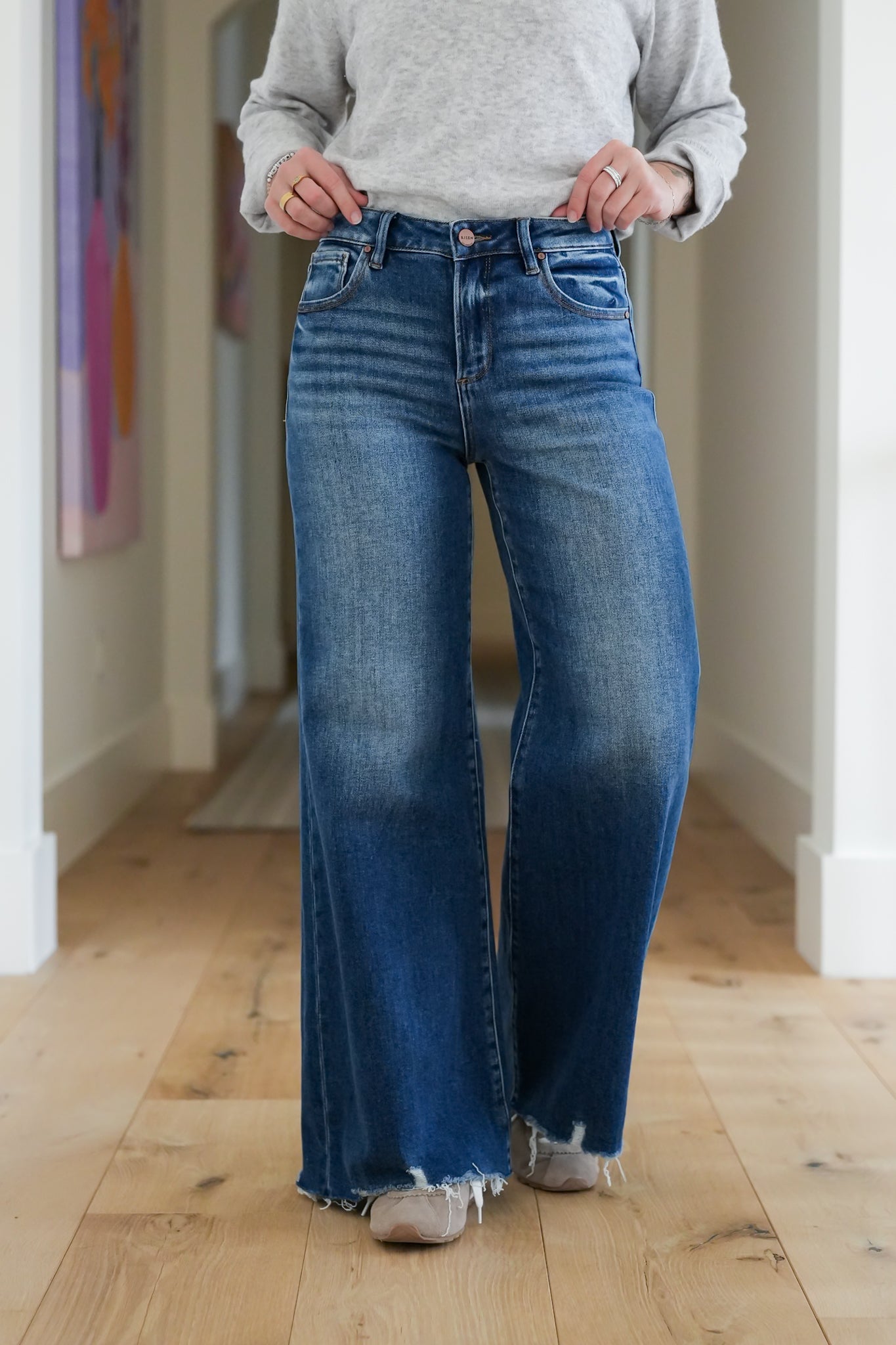 Risen High Rise Dark Wash Wide Leg Jeans