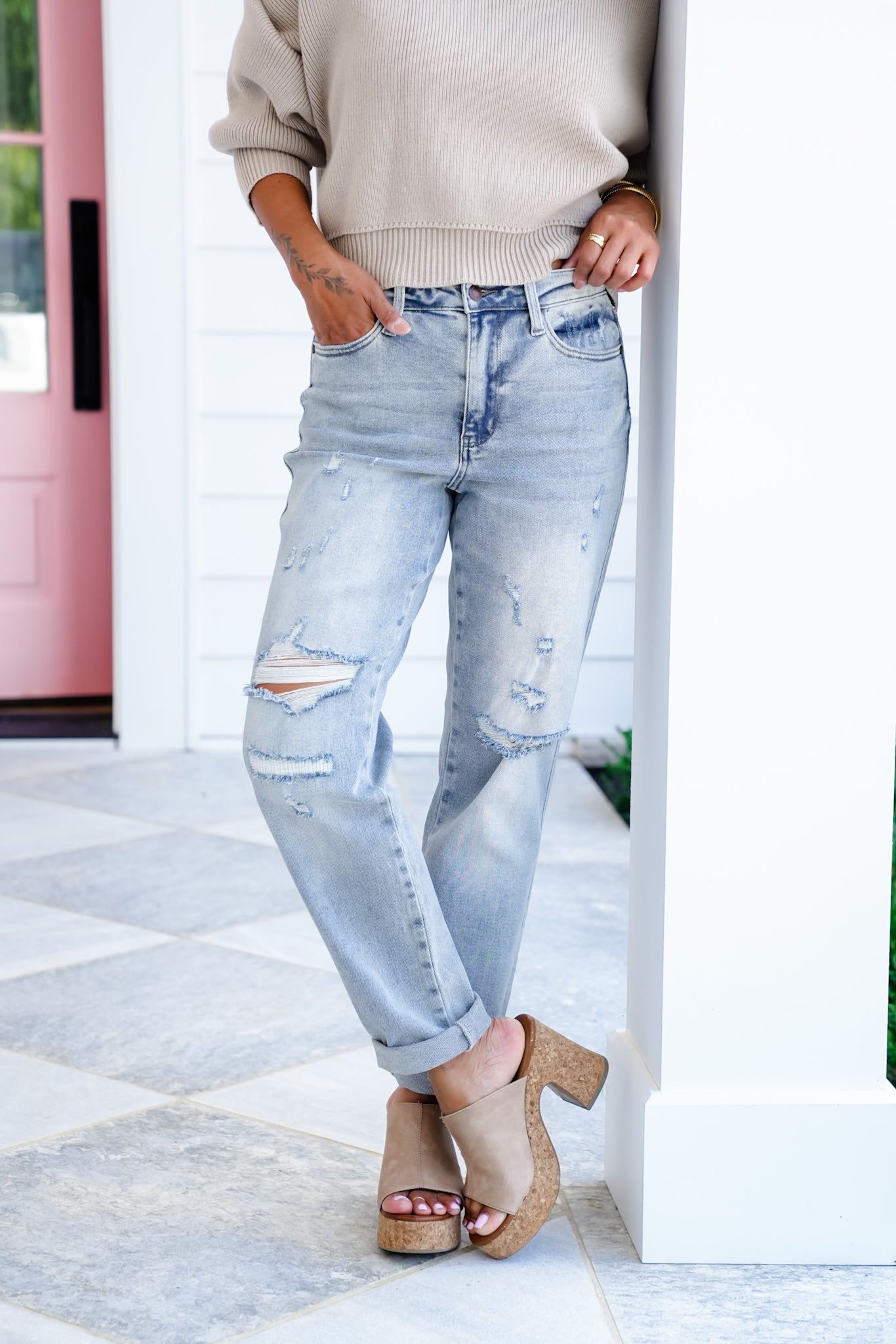 Judy Blue Mid Rise Light Wash Cuffed Boyfriend Jeans with Distressed Repair Stitch