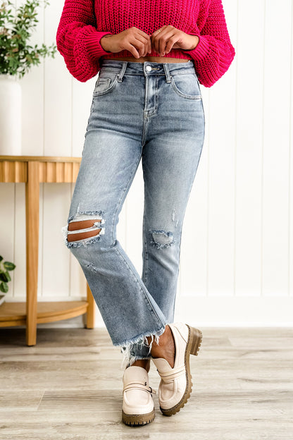 Risen Stella Babe High Rise Light Wash Cropped Distressed Flare Jeans