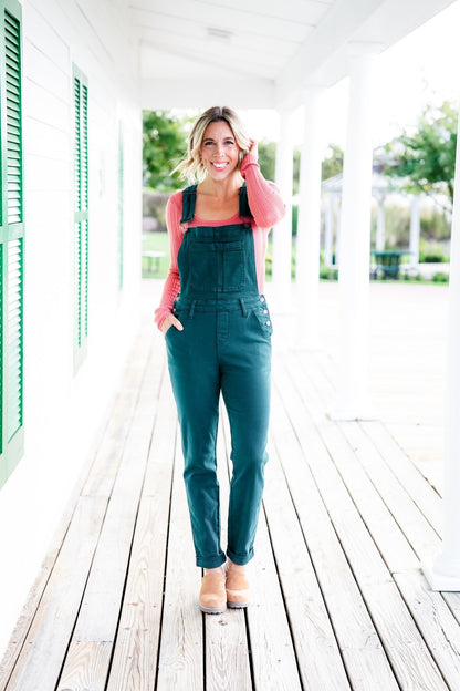 Judy Blue High Rise Teal Double Cuffed Boyfriend Overalls