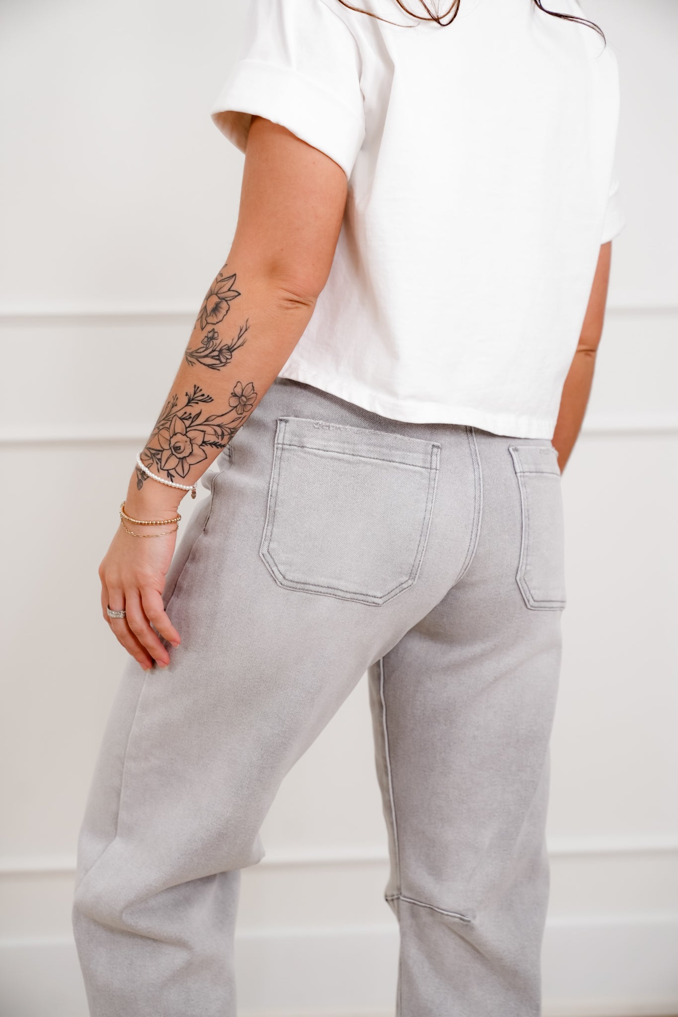 Risen The Stormi High Rise Grey Barrel Jeans with Patch Pockets