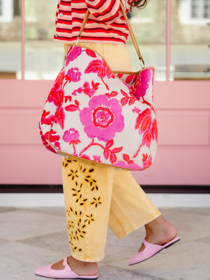 Coral/Pink Chenille Rose Tote Bag