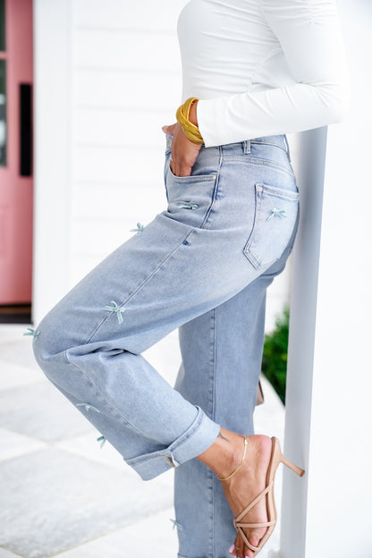 Risen High Rise Light Wash Crop Barrel Jeans with Bow Detail