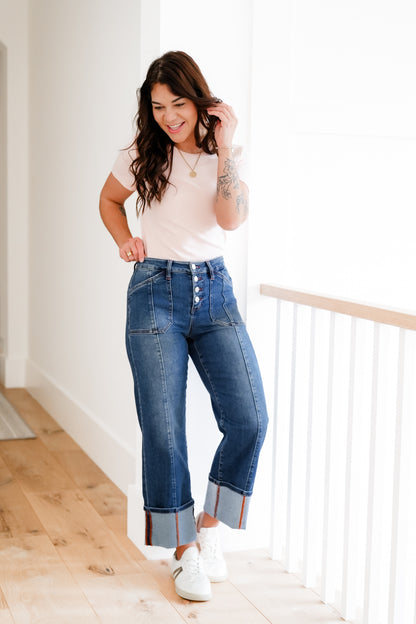 Risen Multi Inseam High Rise Dark Wash Cropped Wide Cuffed Straight Leg Jeans