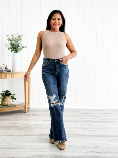 Judy Blue Jagged Little Pill High Rise Dark Wash 90's Destroyed Knee Straight Leg Jeans
