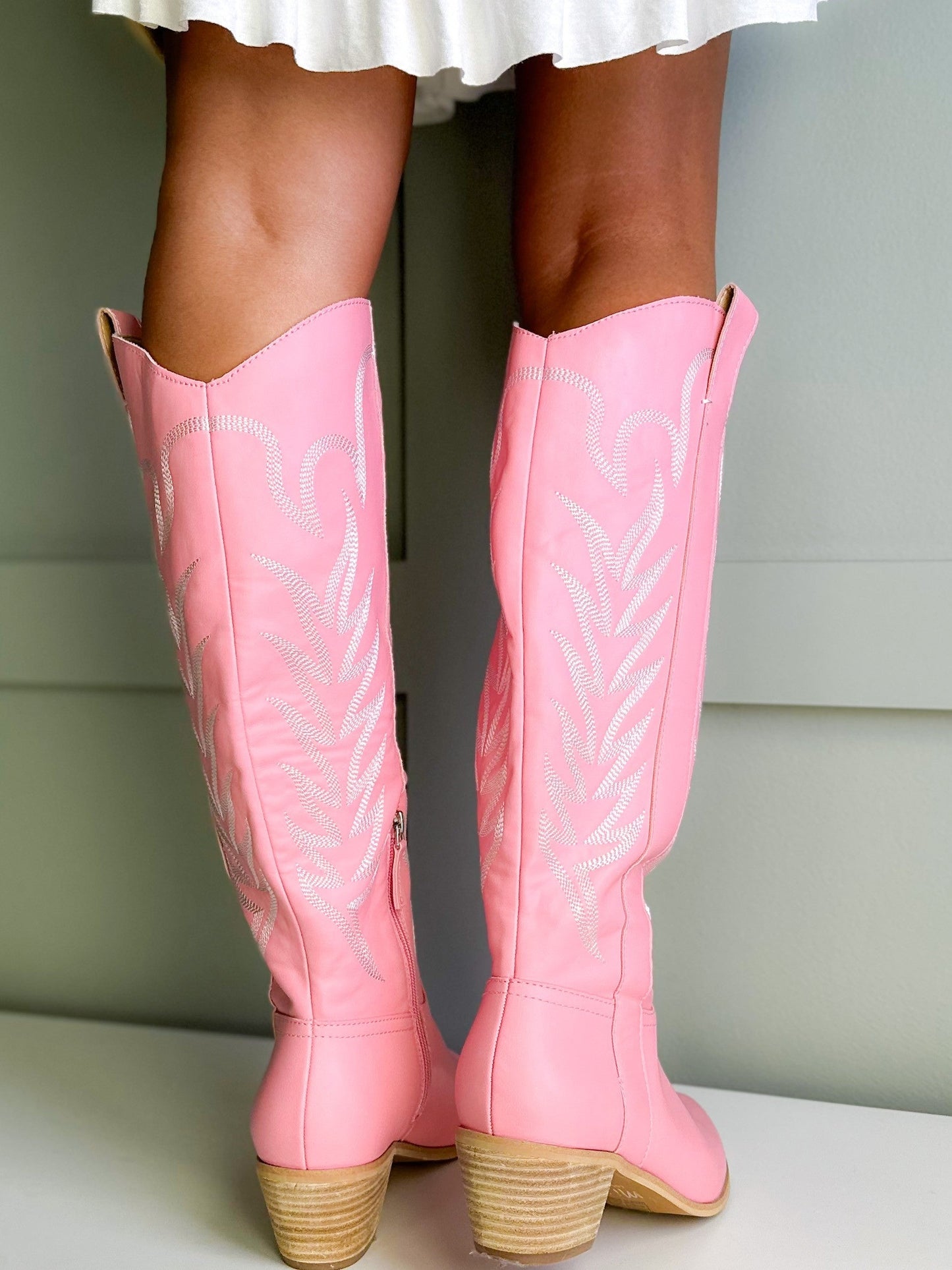 Western Style Boots with Stitch Detail & Side Zipper