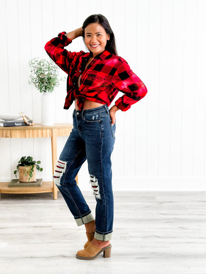 Judy Blue Warm and Cozy Mid Rise Dark Wash Boyfriend Buffalo Plaid Knee Destroy Patches With Cuff Jeans