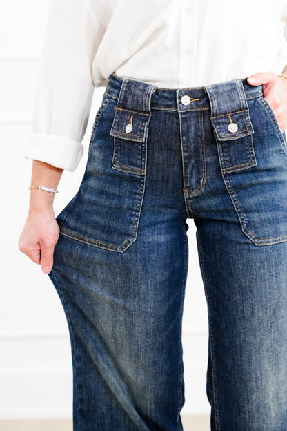 Judy Blue High Rise Dark Crop Wide Leg Jeans with Utility and Patch Pockets