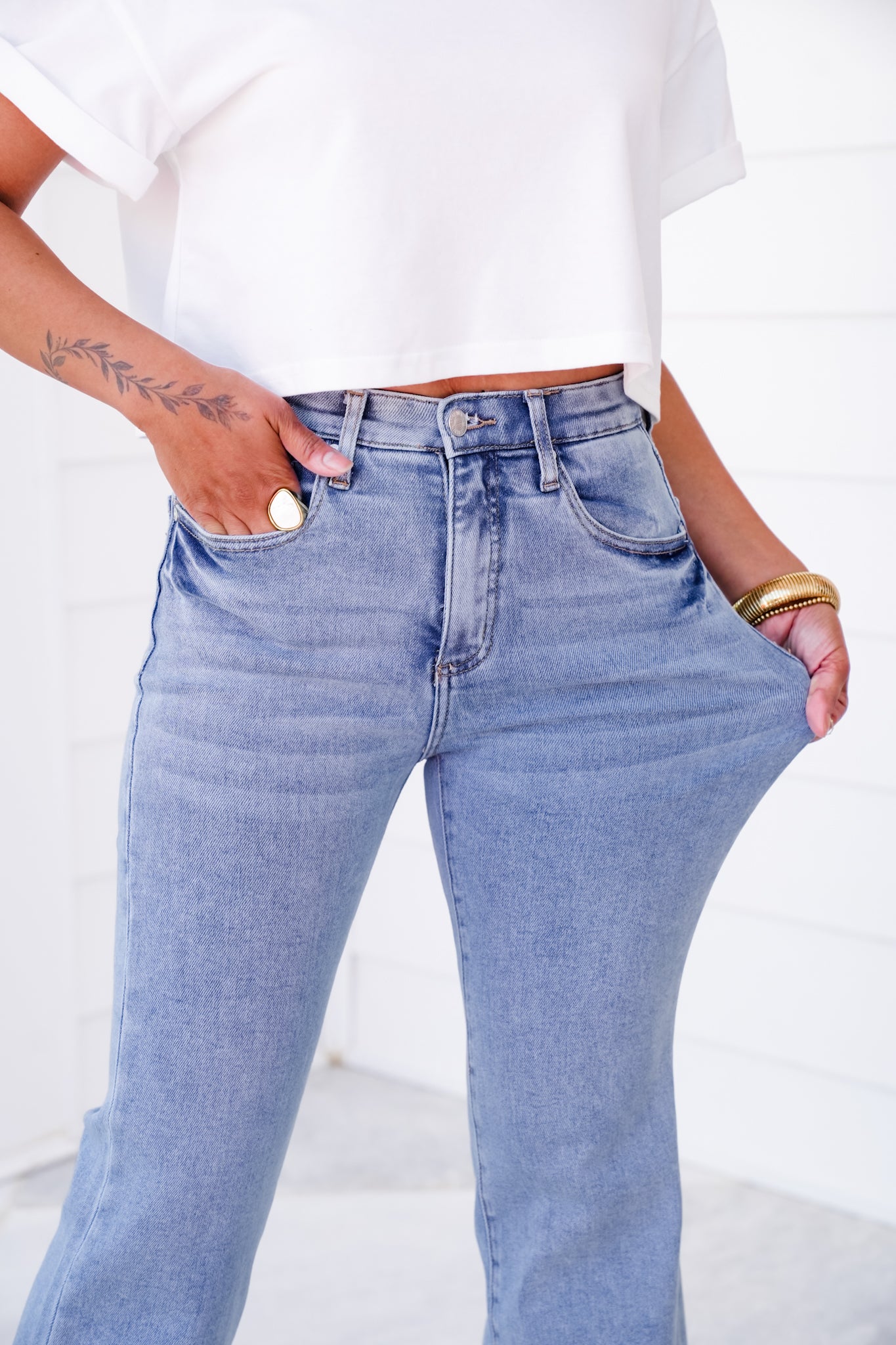 Saige High Rise Light Wash Cuffed Kick Flare Jeans