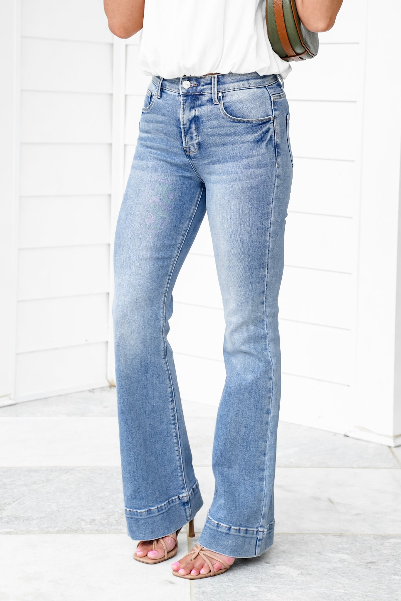 Risen High Rise Medium Wash Tummy Control Elastic Waistband Flare Jeans