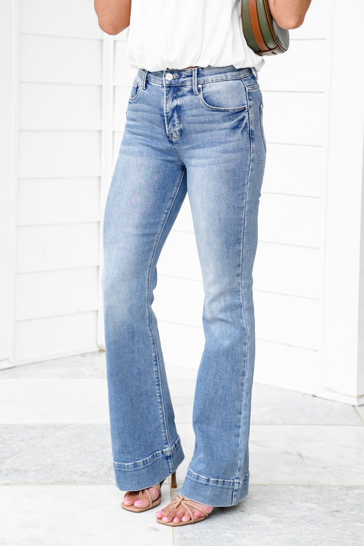 Risen High Rise Medium Wash Tummy Control Elastic Waistband Flare Jeans