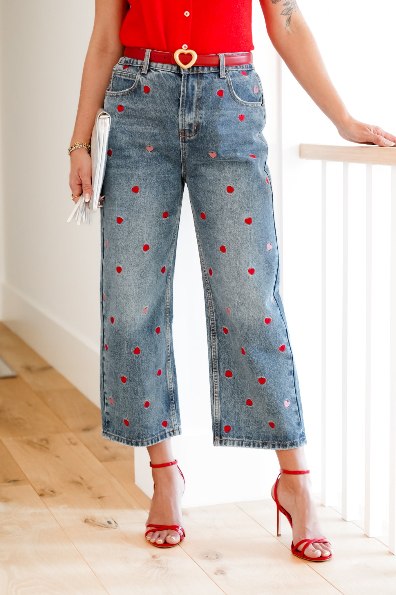 Medium Washed High Rise Embroidered Hearts Jeans