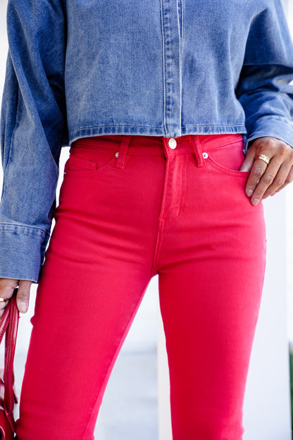 Mica High Rise Red Ankle Flare Jeans