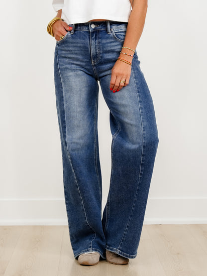 Restock! Risen The Willow Multi Inseam Dark Wash Wide Leg Seam Front Jeans