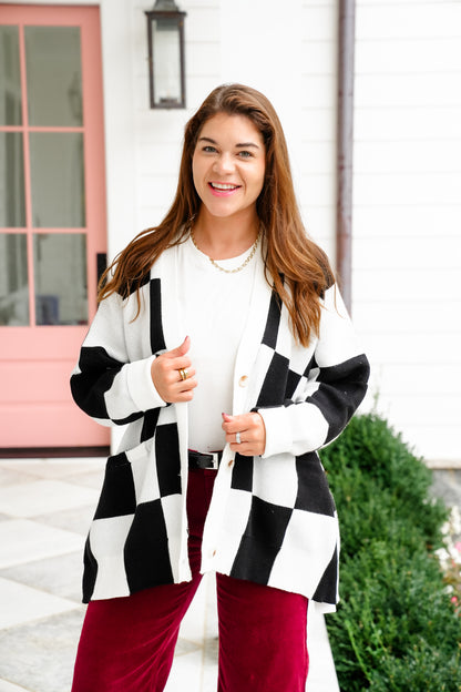 Long Sleeve Button Down Cardigan with Checker Print