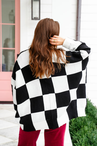 Long Sleeve Button Down Cardigan with Checker Print