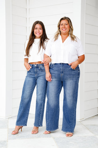 Risen High Rise Dark Wash Cropped Barrel Jeans with Adjustable Waistband