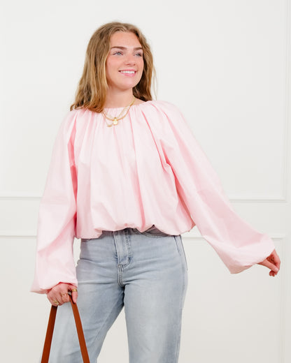 Cropped Long Sleeve Round Neck Blouse