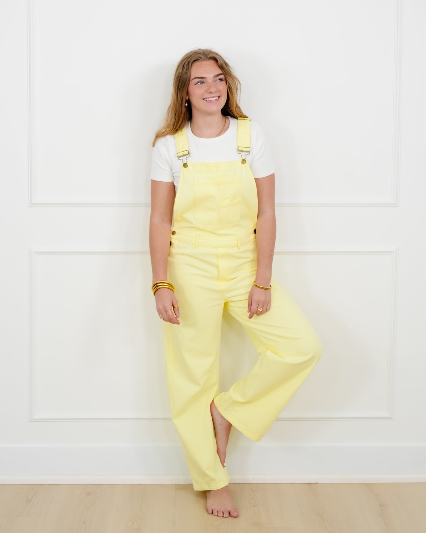 Yellow Washed Twill Barrel Leg Overalls