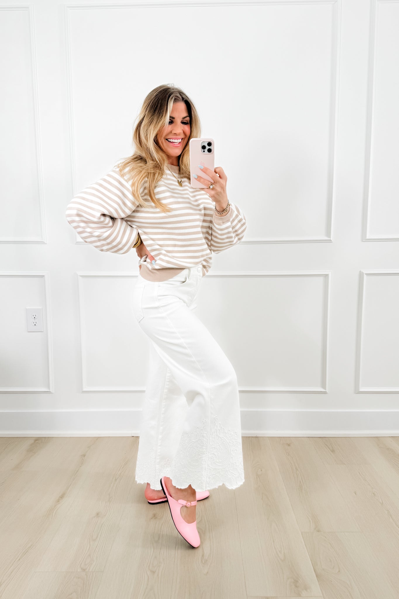 Risen High Rise Cream Wide Leg Embroidered Hem Jeans