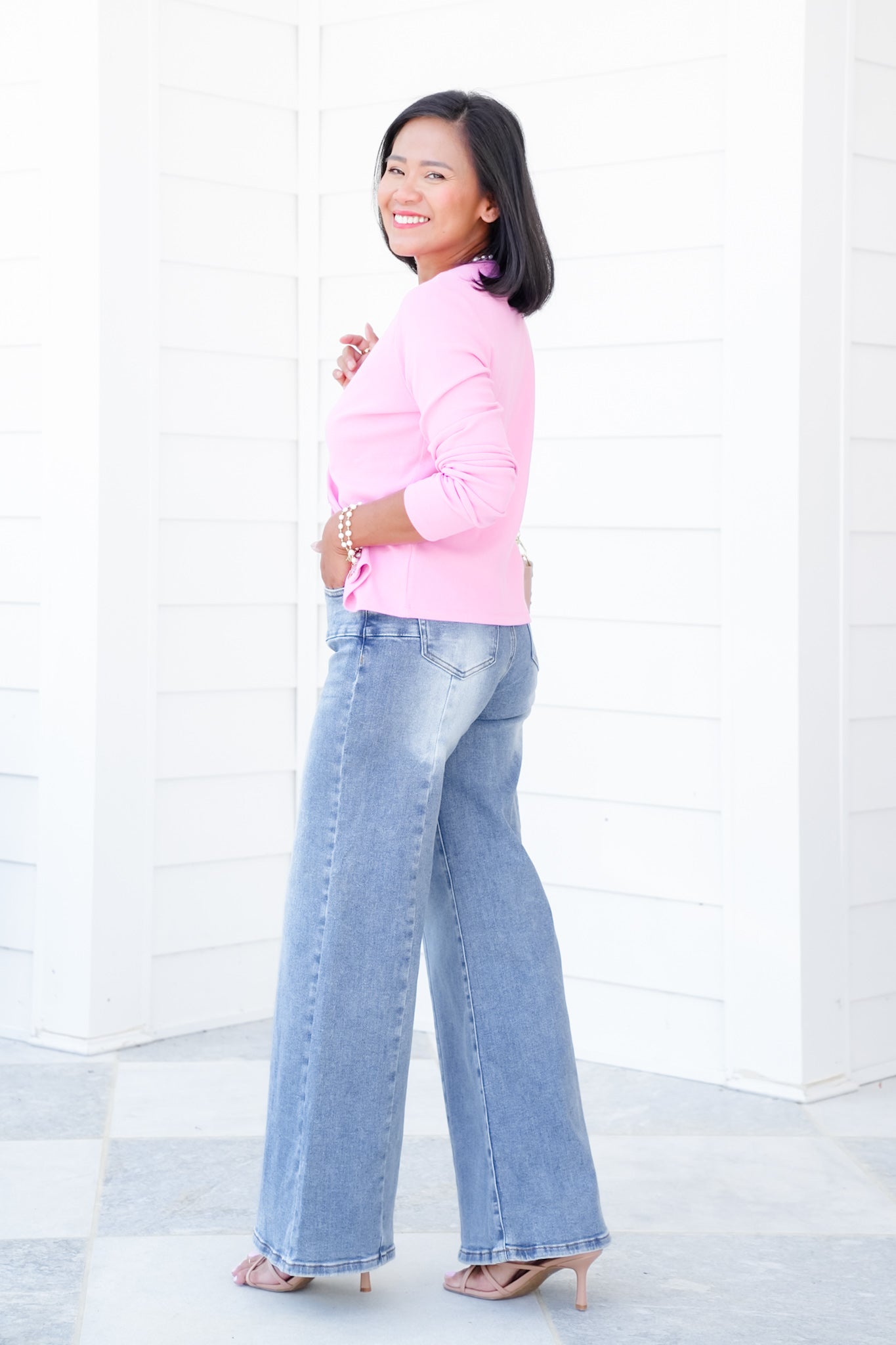 Saige Mid Rise Medium Wash Tummy Control Wide Leg Jeans