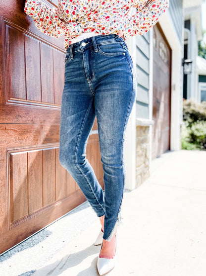 Judy Blue Tulip Hem Medium Wash Skinny Jeans with Frayed Hem