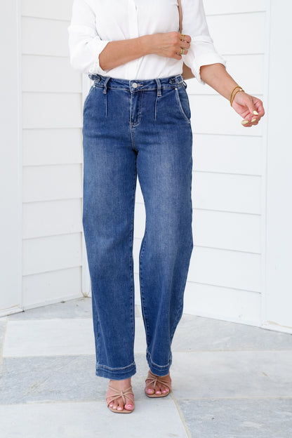 Risen High Rise Medium Wash Adjustable Waistband Wide Leg Pleated Jeans