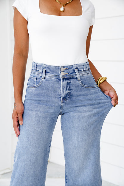 Risen High Rise Medium Wash Tummy Control Crop Wide Leg Jeans with Bow Detail