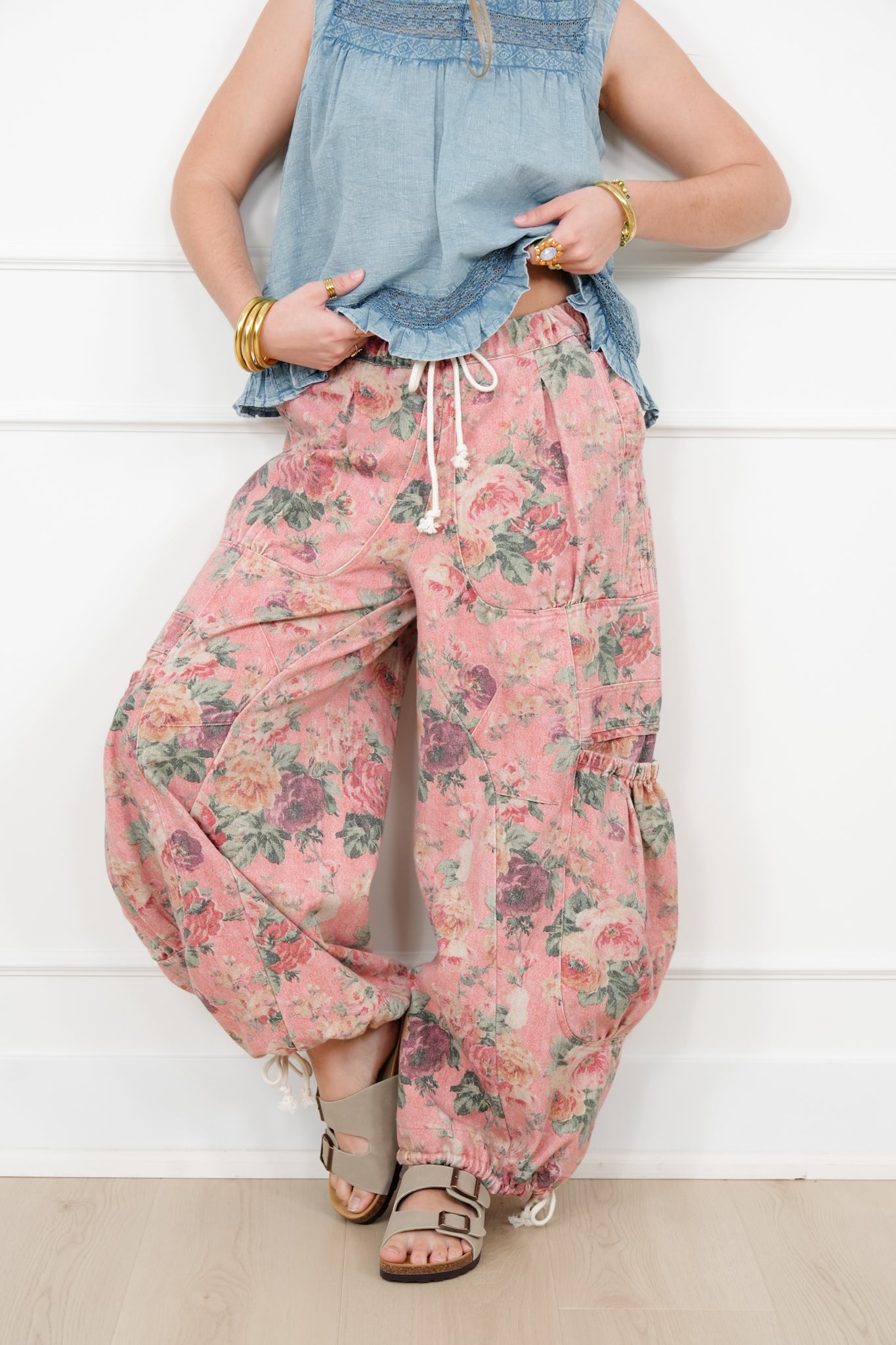Plus/Reg Flower Print Elastic Waist Wide leg Pants