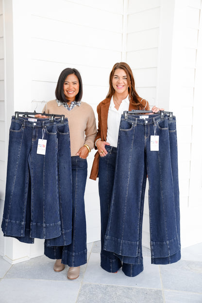 Risen Poppy Lane Mid Rise Dark Wash Wide Leg Jeans with Wide Hem