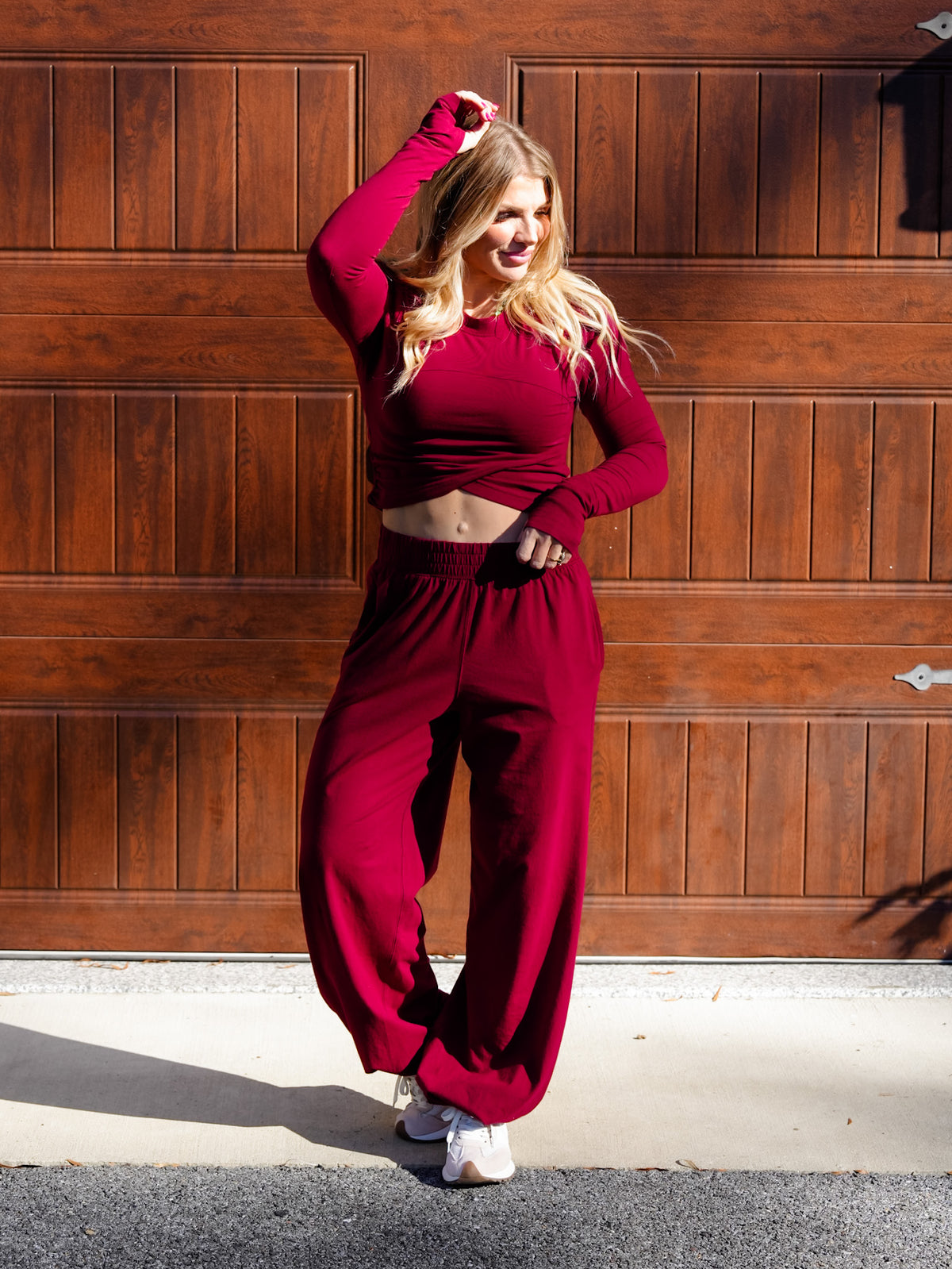 Solid Knit Cross Over Long Sleeve Top and Pants Set