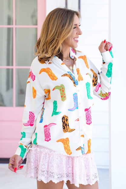 Cowboy Boot Print Long Sleeve Button Down Top