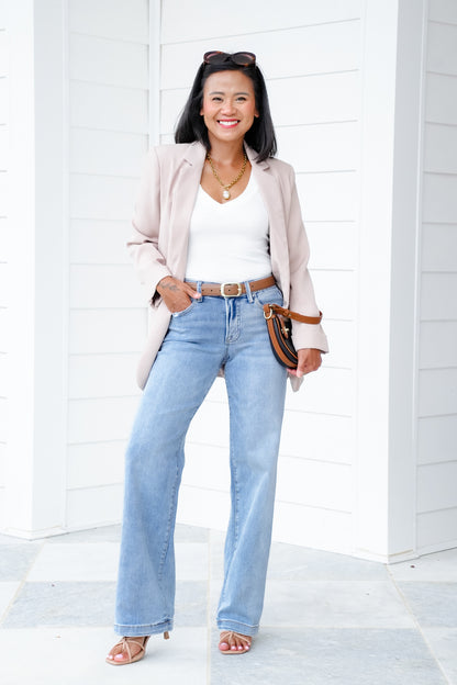 Risen Mid Rise Light Wash Tummy Control Elastic Waistband Wide Leg Jeans