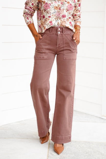 Mica High Rise Brown Double Waistband Wide Leg Jeans
