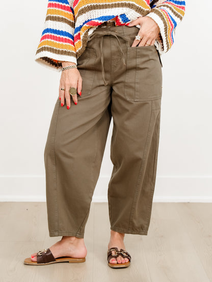 Olive Elastic Waist Barrel Leg Pants