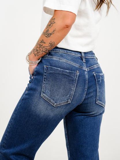 Risen Mid Rise Dark Wash Slouchy Cuffed Boyfriend Jeans