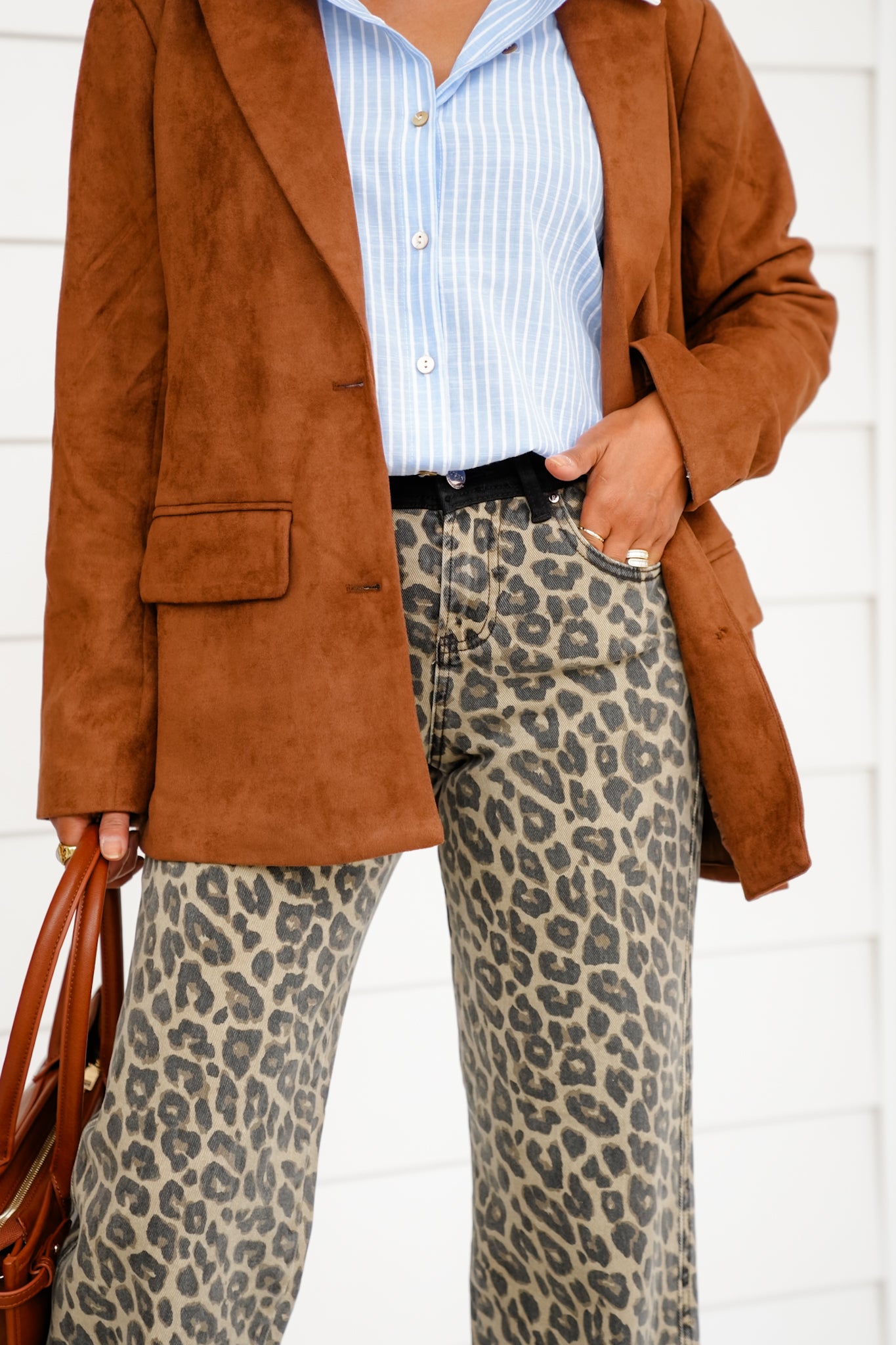 Risen High Rise Leopard Wide Leg Pants with Contrasting Waistband