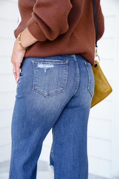 Risen High Rise Dark Wash Tummy Control Distressed Knee Wide Leg Jeans