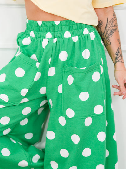 Plus/Reg Green Polka Dot Elastic Waist Wide Leg Pants