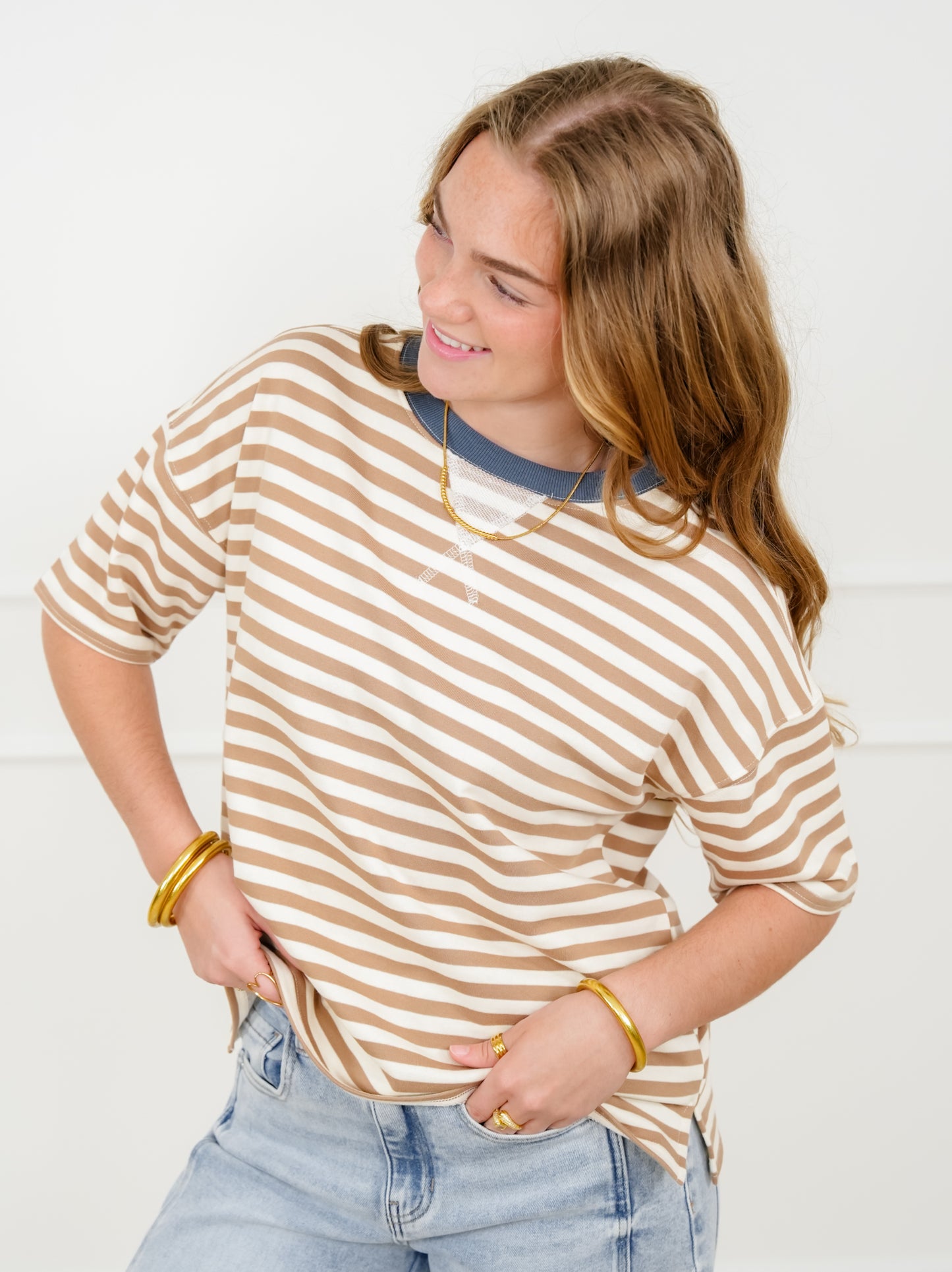 Tan Stripe Short Sleeve Knit Top