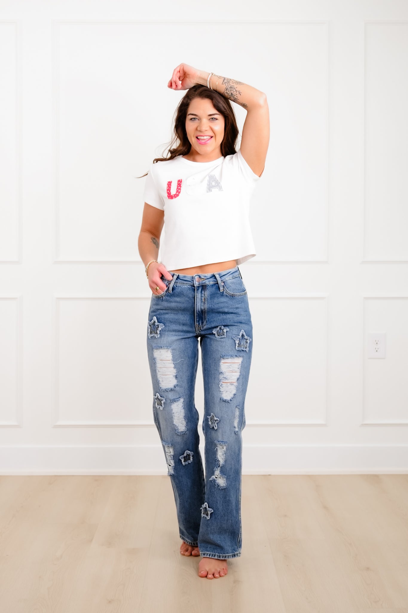 Saige High Rise Medium Wash Distressed Dad Jeans with Star Patches