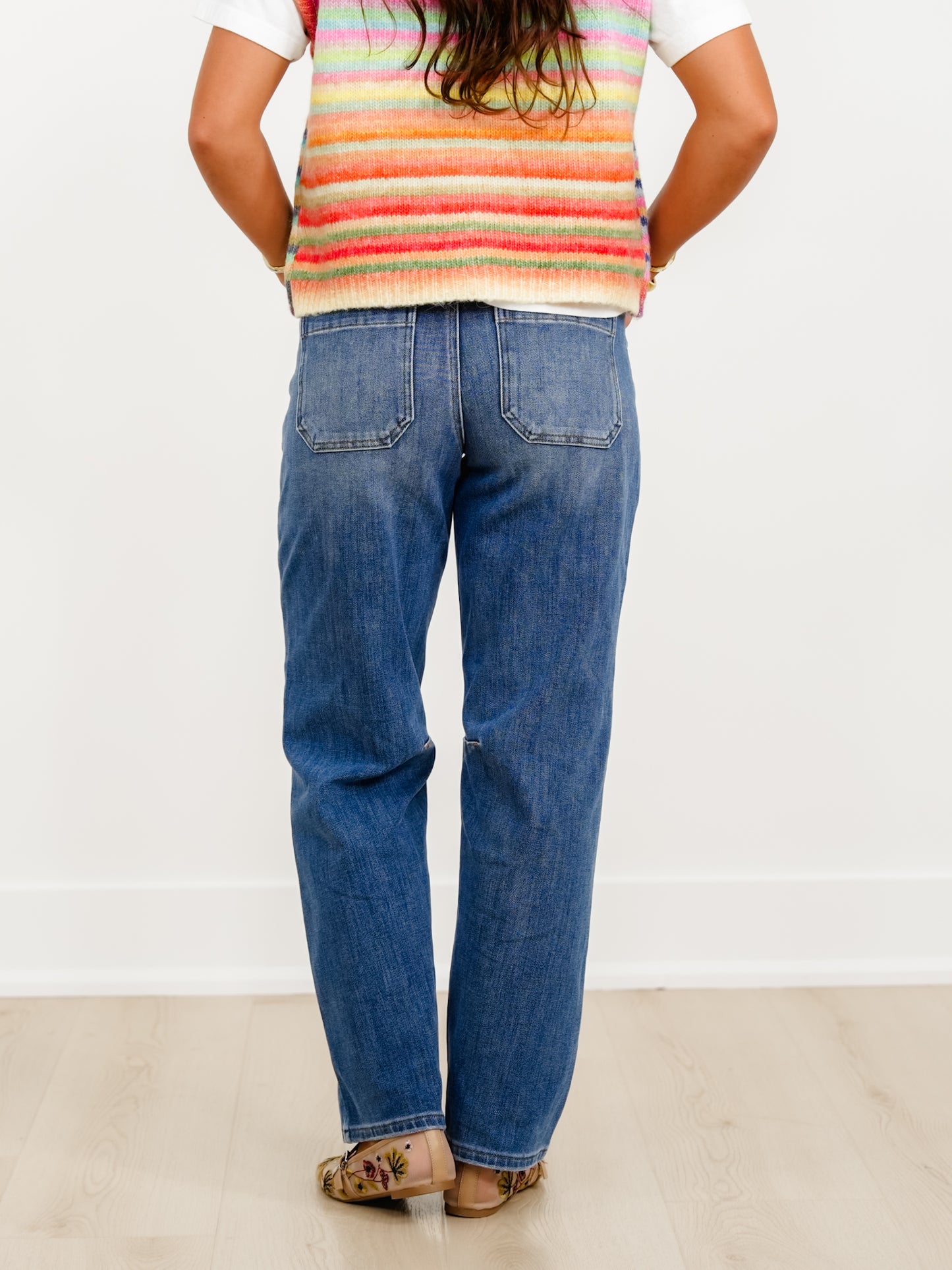Risen High Rise Dark Wash Patch Pocket Barrel Jeans With 4 Way Stretch