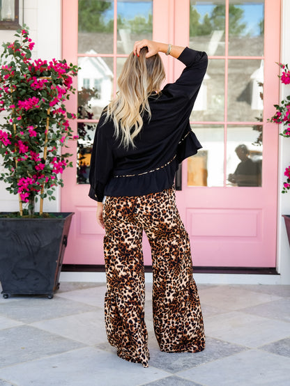 Plus/Reg Leopard Print Elastic Waist Tiered Wide Leg Pants