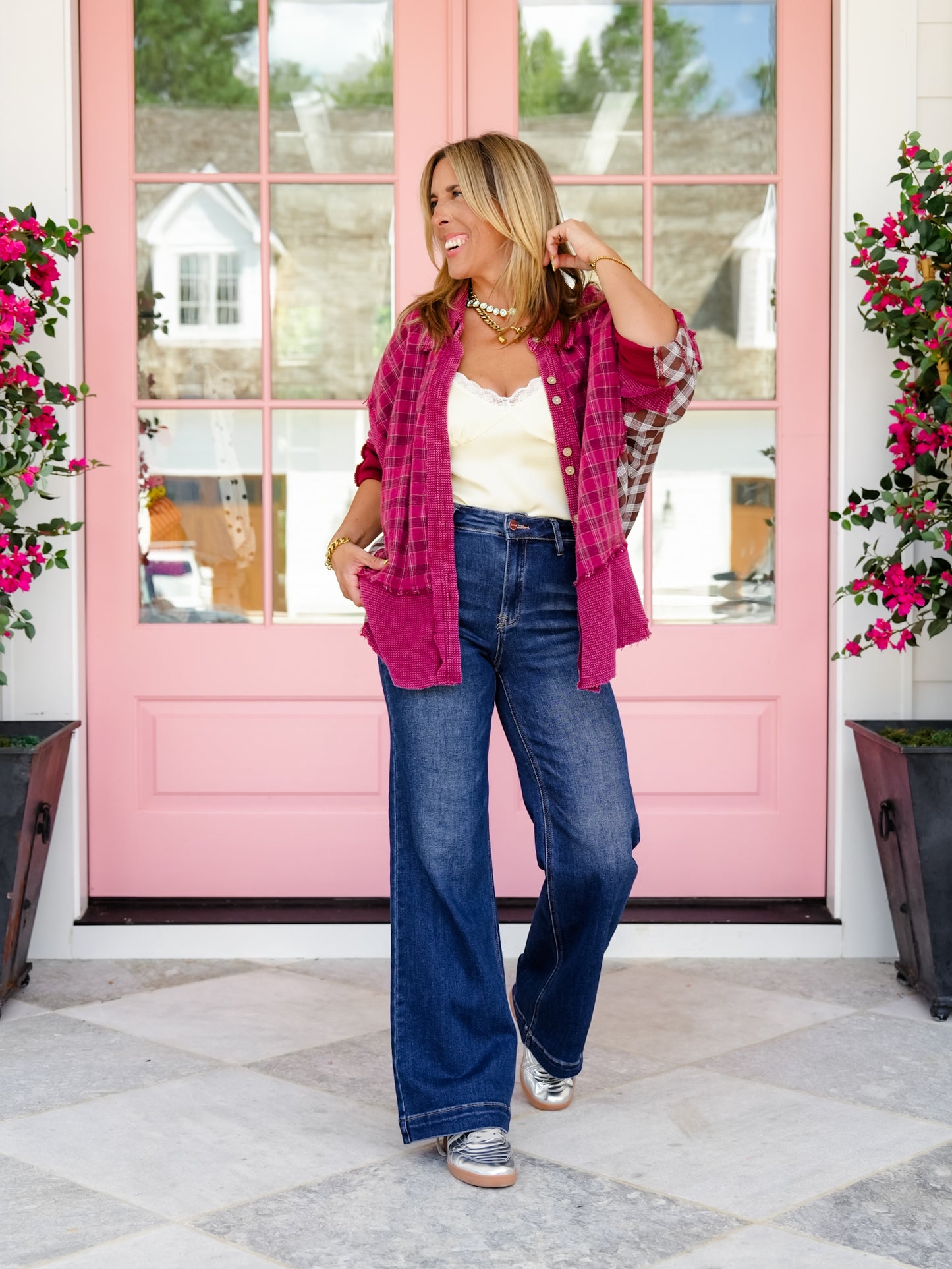 Risen High Rise Dark Wash Multiple Inseam Wide Leg Jeans With Slanted Pockets