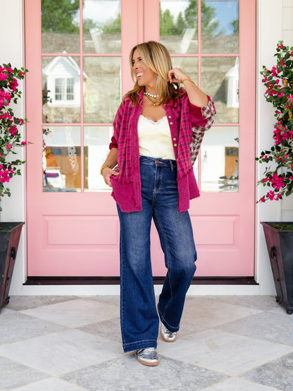 Risen High Rise Dark Wash Multiple Inseam Wide Leg Jeans With Slanted Pockets