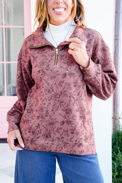 Plus/Reg Rosewood Print Long Sleeve 1/4 Zip Pullover Top
