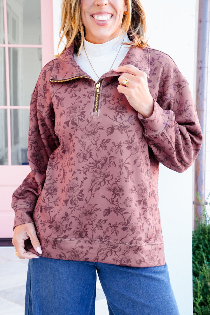 Plus/Reg Rosewood Print Long Sleeve 1/4 Zip Pullover Top
