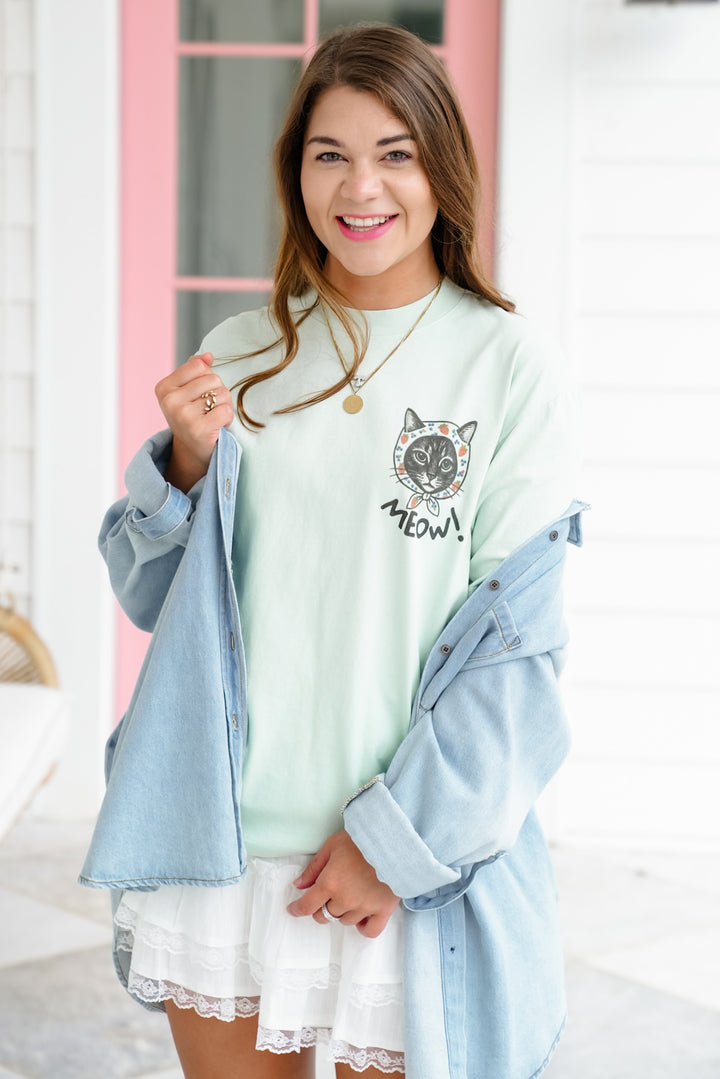 Plus/Reg Short Sleeve Fruit Cat "Meow" Graphic Top